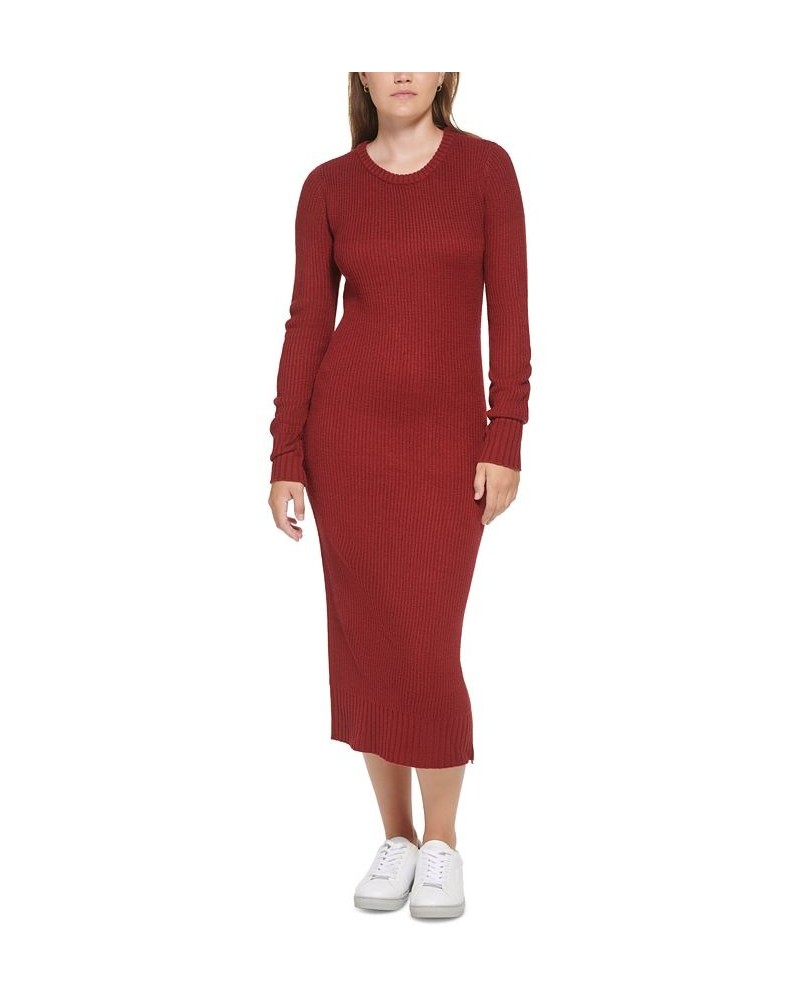 Women's Ribbed Long Sleeve Crewneck Side Slit Dress Red $42.10 Dresses