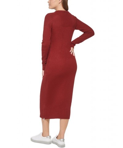 Women's Ribbed Long Sleeve Crewneck Side Slit Dress Red $42.10 Dresses