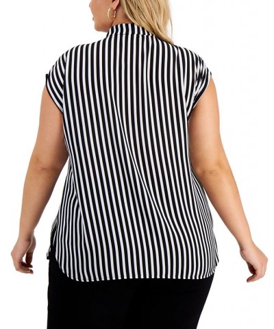 Trendy Plus Size Tie-Neck Striped Top Black/lily White $28.98 Tops