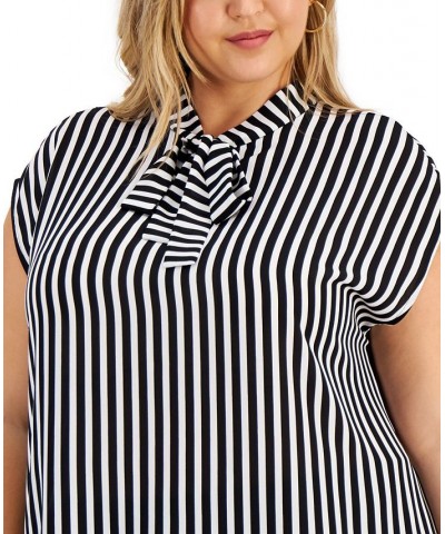 Trendy Plus Size Tie-Neck Striped Top Black/lily White $28.98 Tops