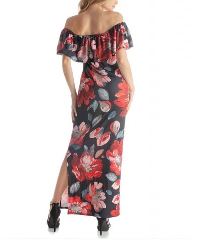 Women's Wide Neckline Long Side Slit Dress Red Multi $36.52 Dresses