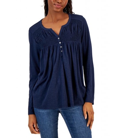 Petite Knit Smocked Long-Sleeve Top Blue $12.79 Tops