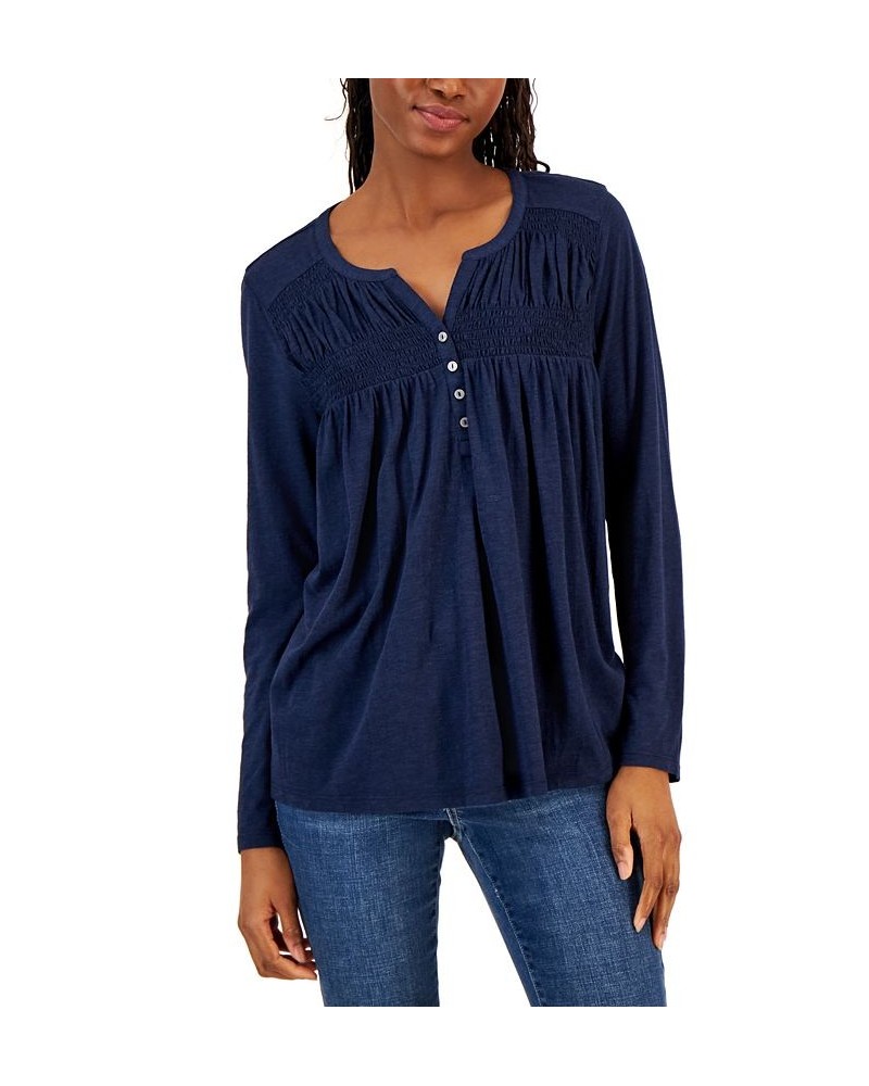 Petite Knit Smocked Long-Sleeve Top Blue $12.79 Tops
