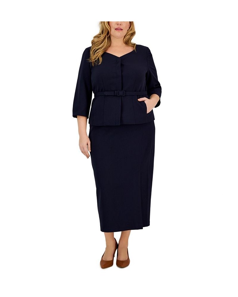 Plus Size Collarless Belted Jacket and Column Skirt Suit Blue $82.00 Suits
