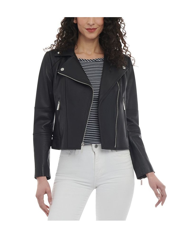 Women's Petite Leather Moto Jacket Black $120.90 Coats