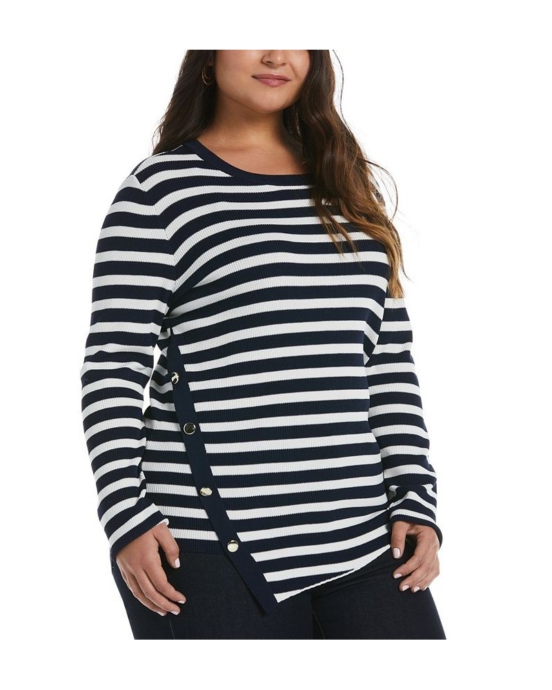 Plus Size Snap Trim Stripe Asymmetrical Sweater Peacoat $45.78 Sweaters