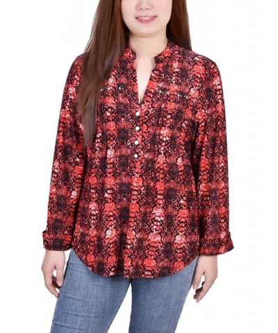 Petite Size Long Sleeve Jacquard Knit Y-neck Top Red $30.78 Tops