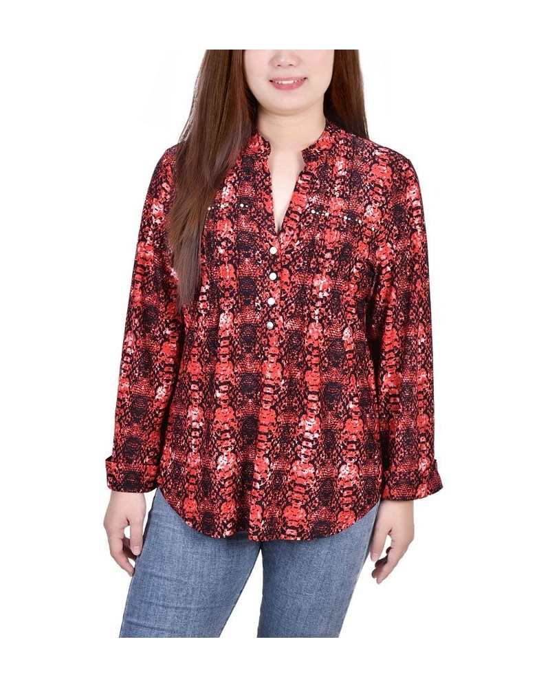 Petite Size Long Sleeve Jacquard Knit Y-neck Top Red $30.78 Tops