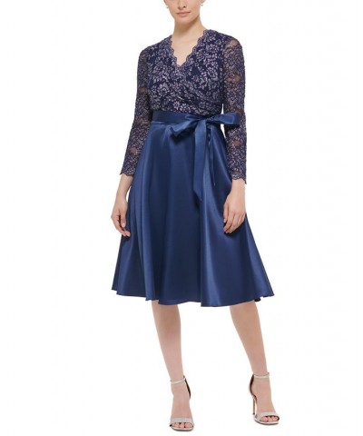 Women's Lace-Top Tie-Waist Dress Navy $81.27 Dresses
