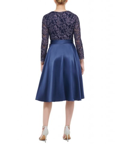 Women's Lace-Top Tie-Waist Dress Navy $81.27 Dresses