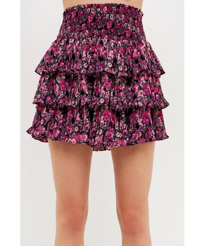 Women's Chiffon Floral Printed Mini Skirt Black/fuchsia $35.00 Skirts