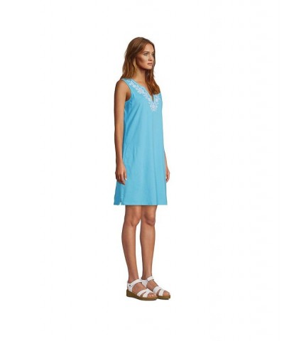 Women's Long Cotton Jersey Sleeveless Swim Cover-up Dress Print Turquoise/white $27.97 Swimsuits