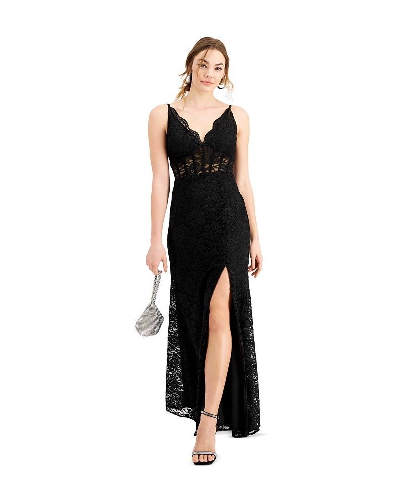 Juniors' Glitter Scallop Lace Corset Gown Black $58.38 Dresses
