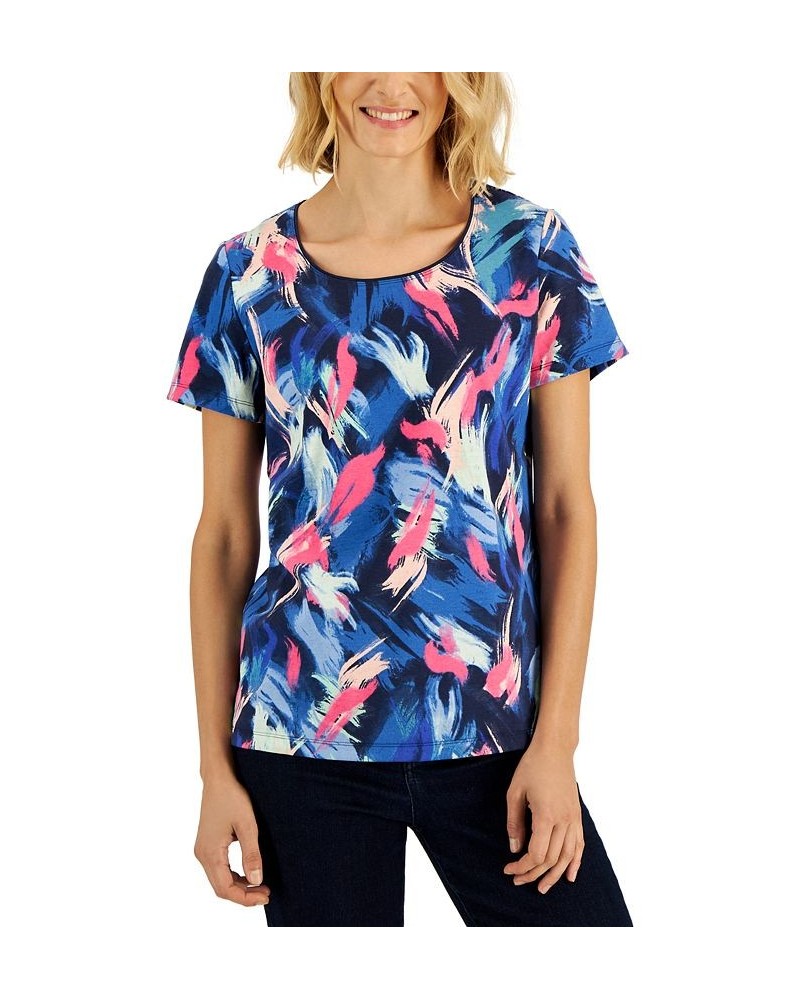 Women's Retro Wash Printed Relaxed Top Blue $7.49 Tops