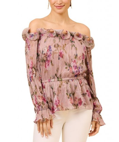 Women's Printed Ruffled Off-The-Shoulder Top Rose Multi $58.83 Tops