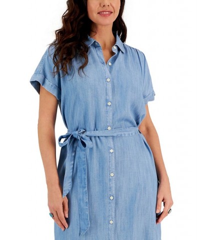 Women's Short-Sleeve Tie-Belt Shirtdress Blue $35.11 Dresses