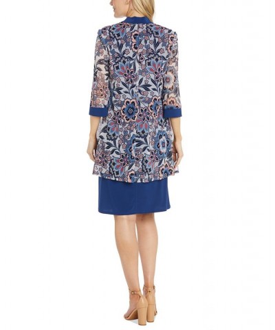 Women's 2-Pc. Printed Power-Mesh Swing Jacket & Necklace Dress Indigo Coral $40.33 Dresses