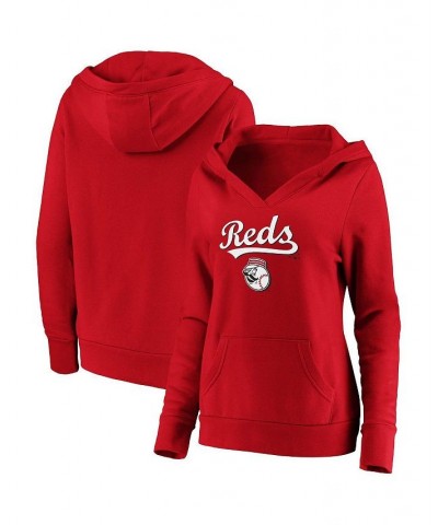 Women's Red Cincinnati Reds Core Team Lockup V-Neck Pullover Hoodie Red $43.19 Sweatshirts