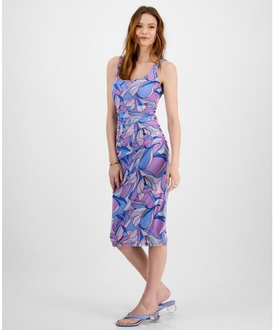 Women's Printed Ruched Pullover Mesh Midi Dress Blue $22.68 Dresses