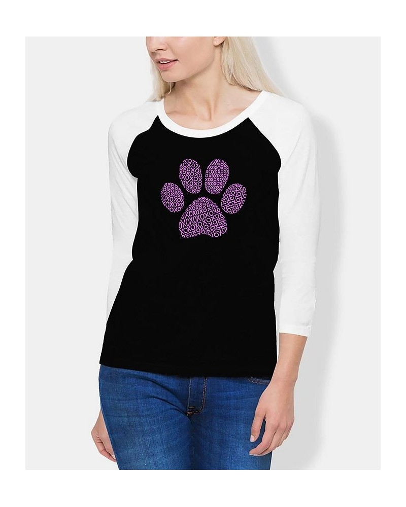 Women's Raglan XOXO Dog Paw Word Art T-shirt Black, White $21.12 Tops