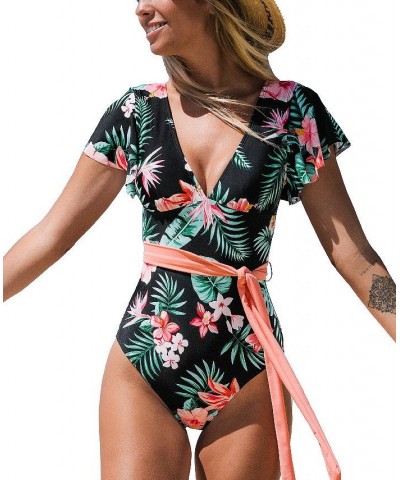 Women's V Neck Ruffle One Piece Swimsuit Tropical Floral Bathing Suit Black $20.80 Swimsuits
