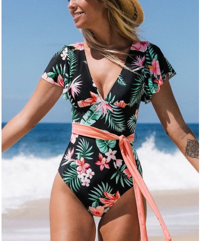 Women's V Neck Ruffle One Piece Swimsuit Tropical Floral Bathing Suit Black $20.80 Swimsuits