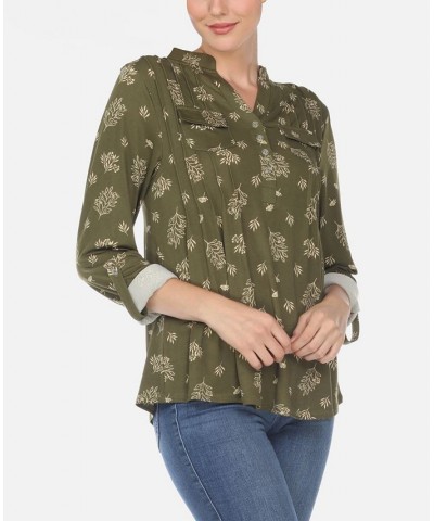 Women's Pleated Leaf Print Blouse Green $32.64 Tops