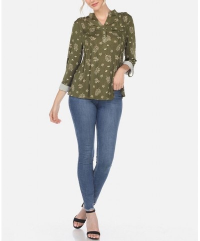 Women's Pleated Leaf Print Blouse Green $32.64 Tops