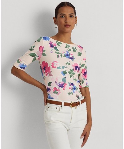 Women's Floral Stretch Cotton T-Shirt Pink Multi $38.23 Tops