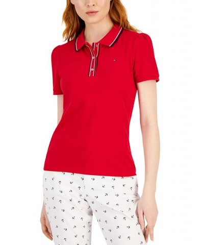 Women's Cotton Logo-Stripe Puff-Sleeve Polo Red $21.67 Tops