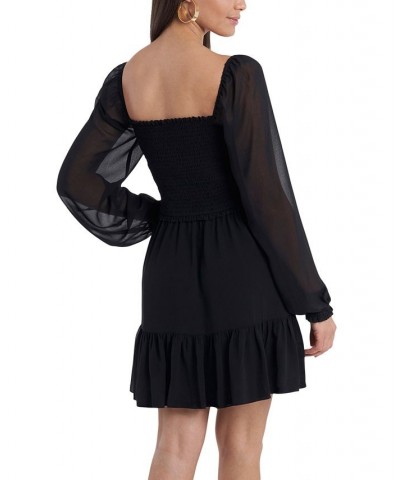 Women's Smocked Ruffle Hem Long Sleeve Dress Rich Black $26.78 Dresses