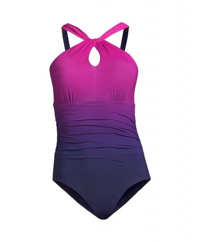 Women's Plus Size High Neck to One Shoulder Multi Way One Piece Swimsuit Purple $46.23 Swimsuits