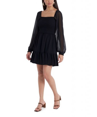 Women's Smocked Ruffle Hem Long Sleeve Dress Rich Black $26.78 Dresses