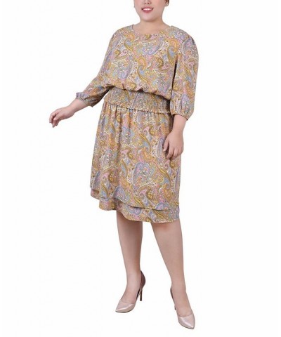 Plus Size 3/4 Sleeve Dobby Smocked Waist Dress Mustard Paisley $18.44 Dresses