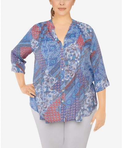 Plus Size Silky Gauze Printed Button Front Top Royal Multi $31.82 Tops