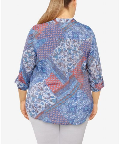 Plus Size Silky Gauze Printed Button Front Top Royal Multi $31.82 Tops
