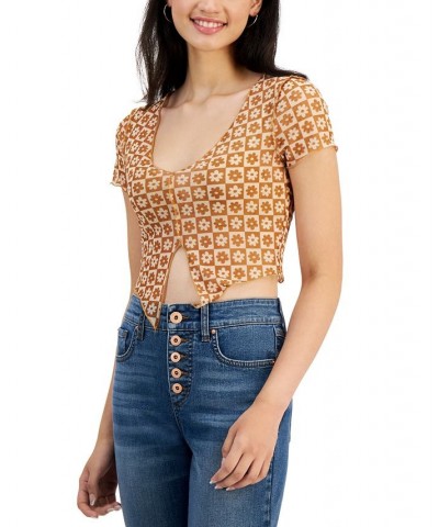 Juniors' Printed Mesh Notch-Front Cropped Top Camel $7.86 Tops