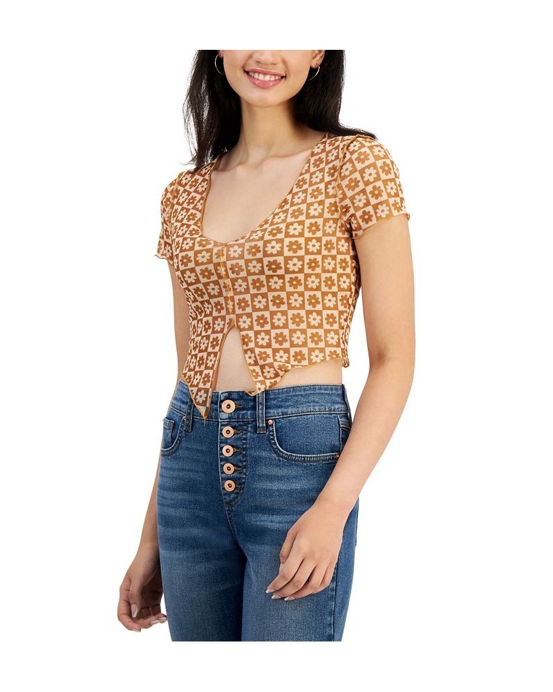 Juniors' Printed Mesh Notch-Front Cropped Top Camel $7.86 Tops