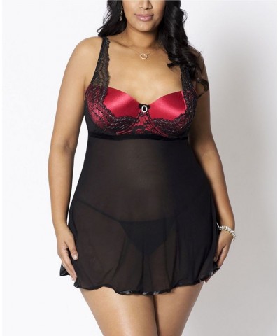 Women's Plus Size Mesh Babydoll Lingerie with Molded Support Cup and Lurex Shine Lace Red $34.56 Lingerie