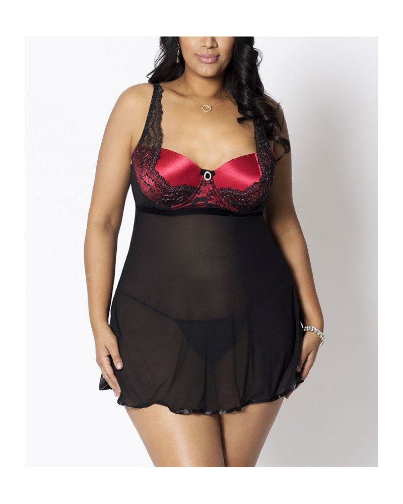 Women's Plus Size Mesh Babydoll Lingerie with Molded Support Cup and Lurex Shine Lace Red $34.56 Lingerie