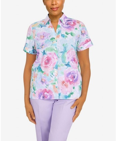 Women's Classics Watercolor Floral Burnout Short Sleeve Top Multi $31.61 Tops