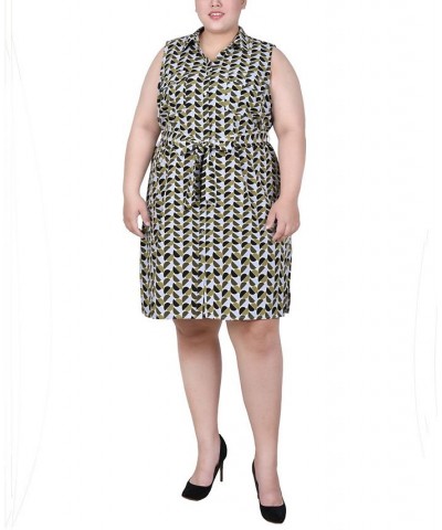 Plus Size Sleeveless Belted Shirt Dress Sage Half Ball Geo $14.78 Dresses