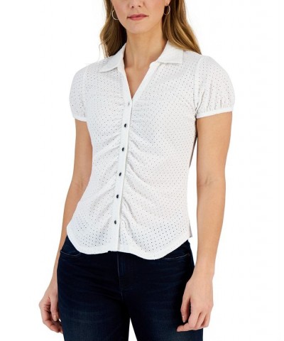 Women's Eyelet Ruched Button-Front Top Bright White $21.23 Tops