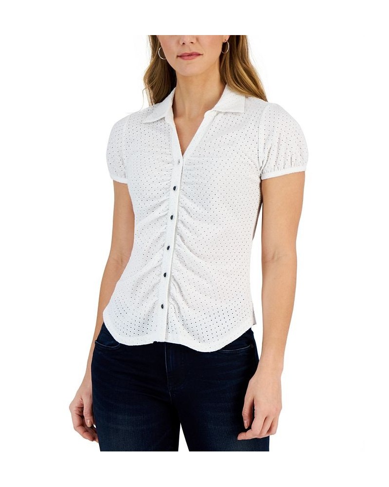 Women's Eyelet Ruched Button-Front Top Bright White $21.23 Tops