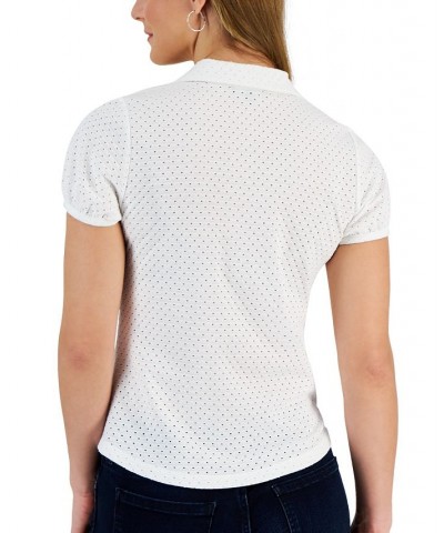 Women's Eyelet Ruched Button-Front Top Bright White $21.23 Tops