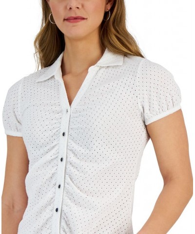 Women's Eyelet Ruched Button-Front Top Bright White $21.23 Tops