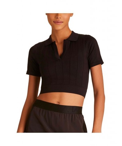 Women's Short Sleeve Seamless Polo T-Shirt Black $32.20 Tops