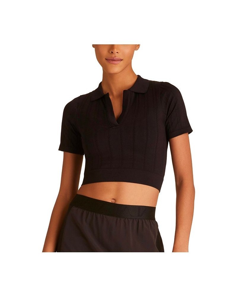 Women's Short Sleeve Seamless Polo T-Shirt Black $32.20 Tops
