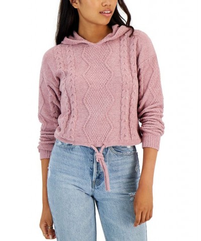 Juniors' Cozy Sinch-Front Cable-Knit Hoodie Sweater Pink $14.32 Sweaters