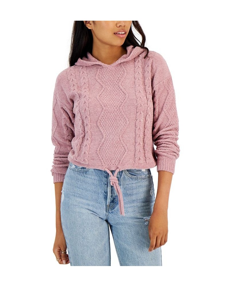 Juniors' Cozy Sinch-Front Cable-Knit Hoodie Sweater Pink $14.32 Sweaters